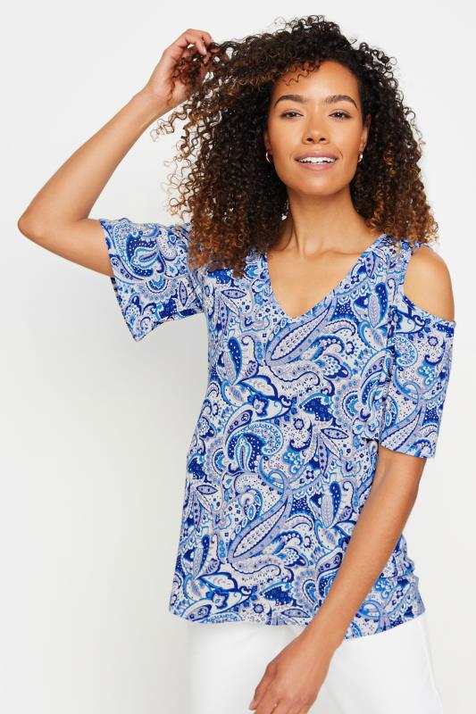 evans M&Co Blue Paisley Print Cold Shoulder Top