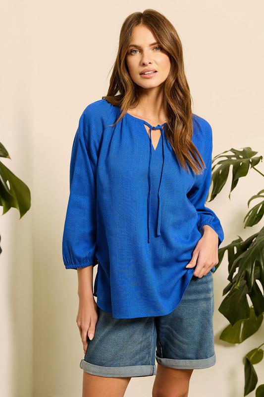 Evans M&Co Blue Tie Neck Linen Blouse