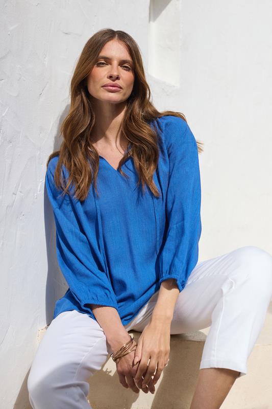 evans M&Co Blue Tie Neck Linen Blouse