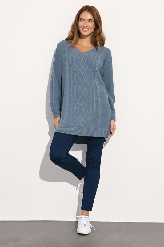 Evans M&Co Blue V-Neck Cable Knit Tunic Jumper