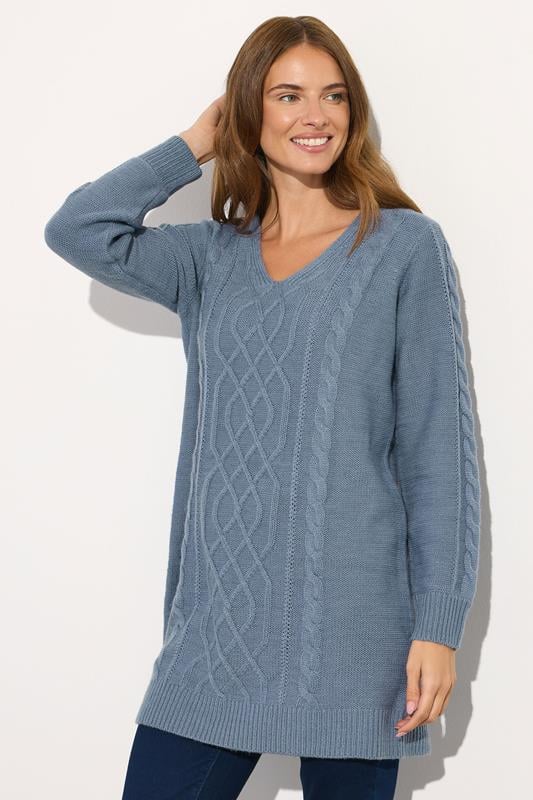 evans M&Co Blue V-Neck Cable Knit Tunic Jumper