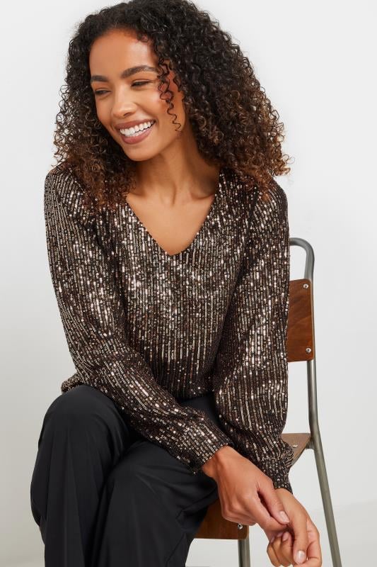 Evans M&Co Gold Sequin V-Neck Long Sleeve Top