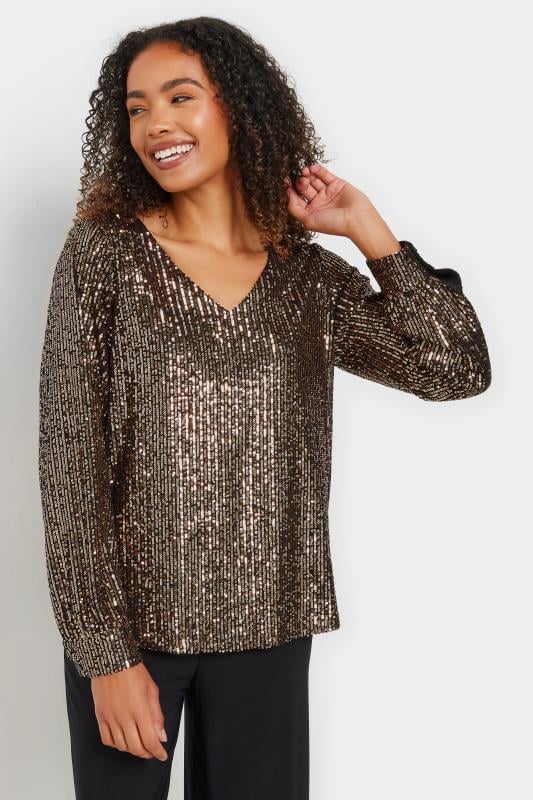Evans M&Co Gold Sequin V-Neck Long Sleeve Top