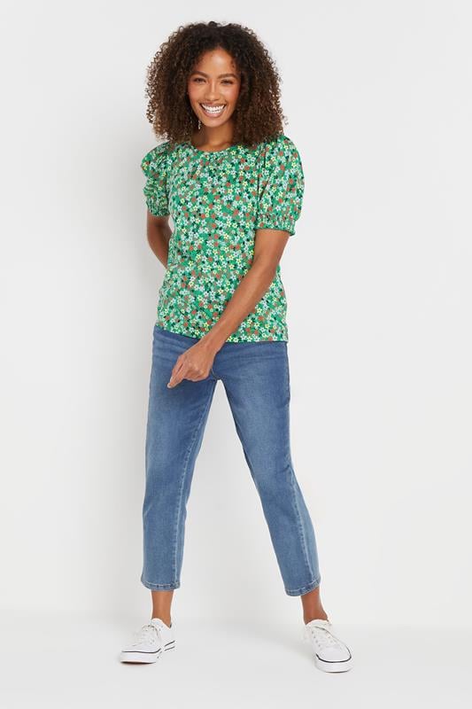 Evans M&Co Green Floral Print Puff Sleeve T-Shirt