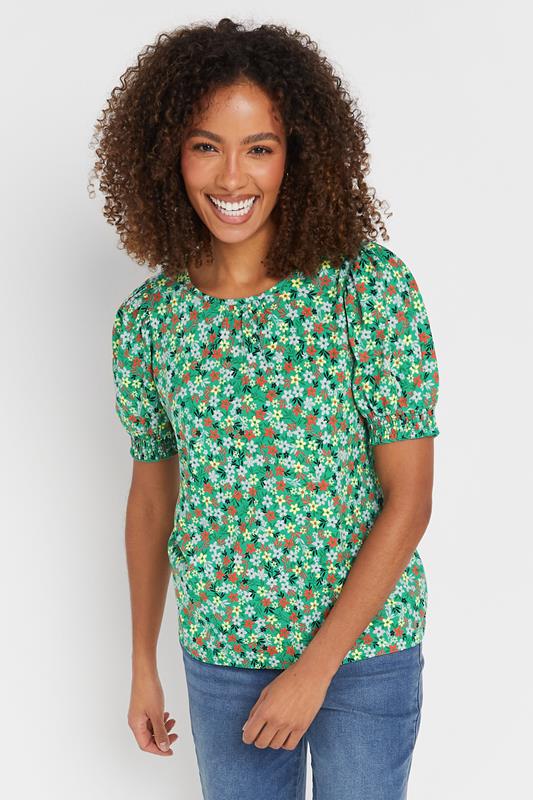 evans M&Co Green Floral Print Puff Sleeve T-Shirt