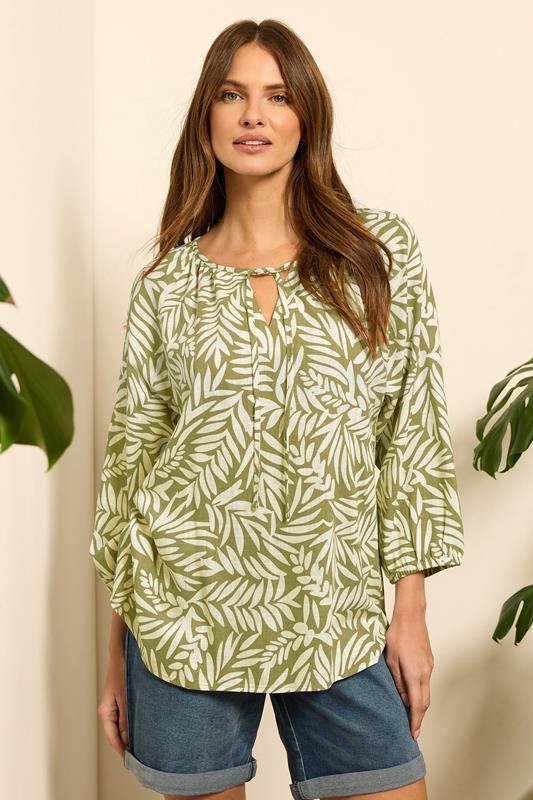 Evans M&Co Green Leaf Print Tie Neck Linen Blouse