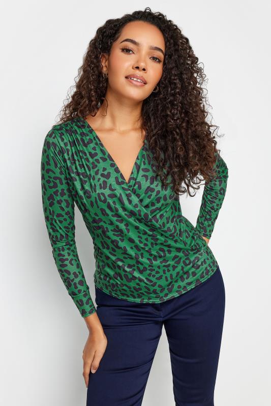 evans M&Co Green Leopard Print Wrap Top