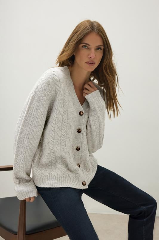 evans M&Co Grey Button Up Cable Knit Cardigan