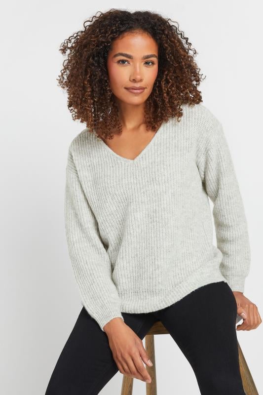 evans M&Co Grey V-Neck Cable Knit Shoulder Jumper