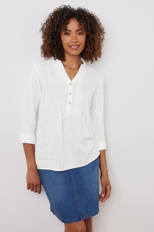 evans M&Co Ivory White Pintuck Detail Linen Shirt