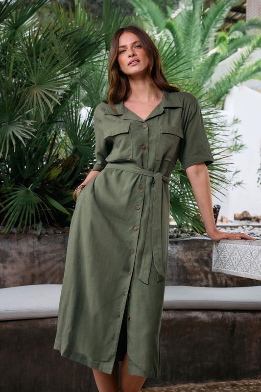 evans M&Co Khaki Green Linen Shirt Dress