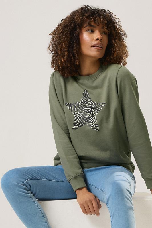 evans M&Co Khaki Green Zebra Star Print Sweatshirt