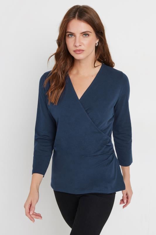 evans M&Co Navy Blue 3/4 Sleeve Wrap Top