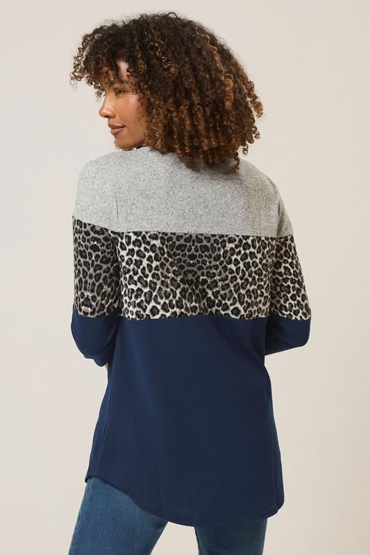 Evans M&Co Navy & Grey Colourblock Leopard Print Top