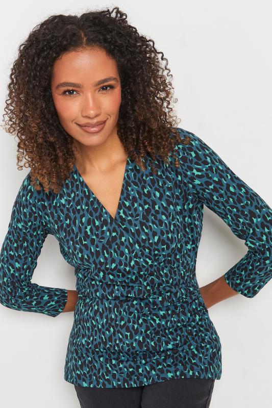 evans M&Co Teal Blue Leopard Print Wrap Top