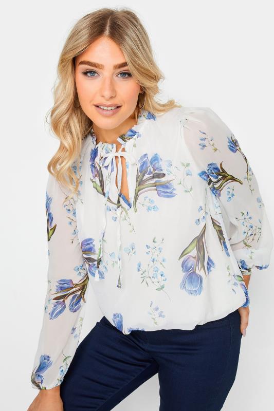 evans M&Co White Floral Print Tie Neck Blouse