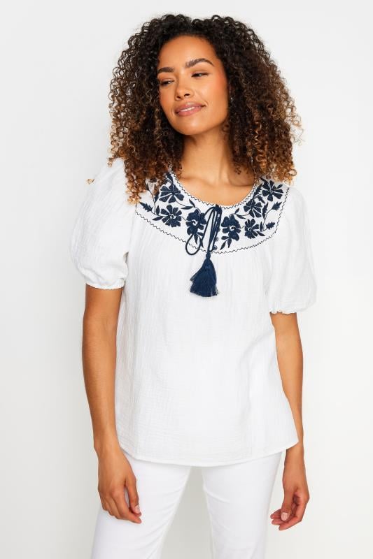 evans M&Co White & Navy Embroidered Blouse