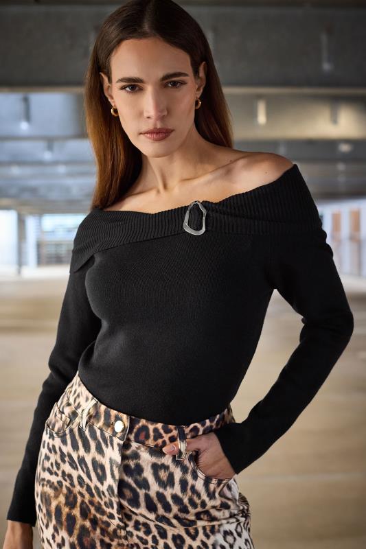 evans STAR Black Bardot Buckle Detail Jumper