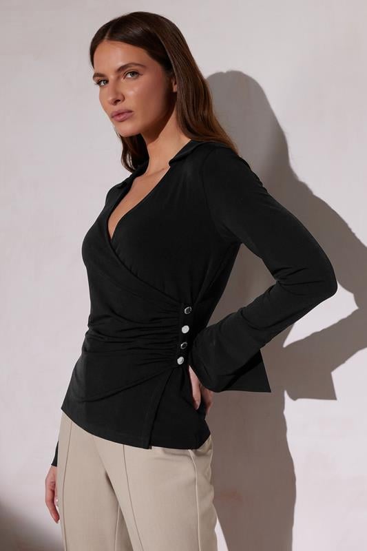 evans STAR Black Button Detail Wrap Top