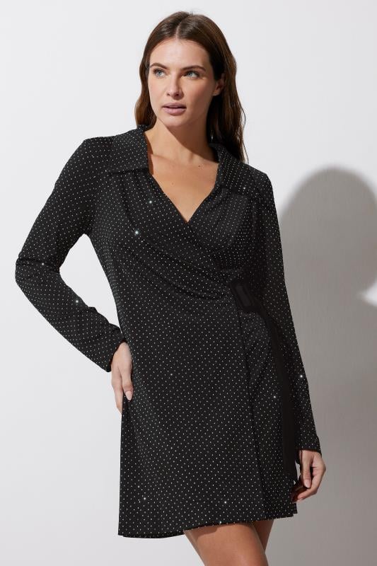 Evans STAR Black Diamante Belted Wrap Dress