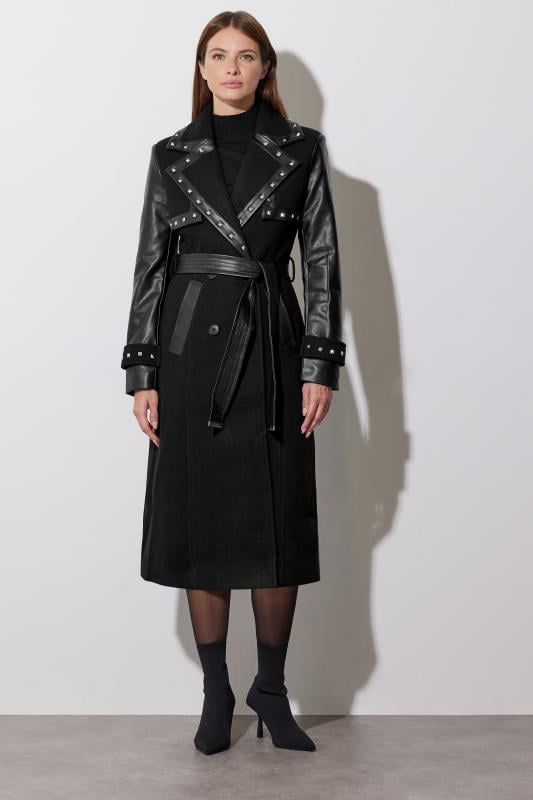 Evans STAR Black Faux Leather Studded Trench Coat