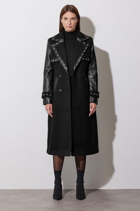 Evans STAR Black Faux Leather Studded Trench Coat