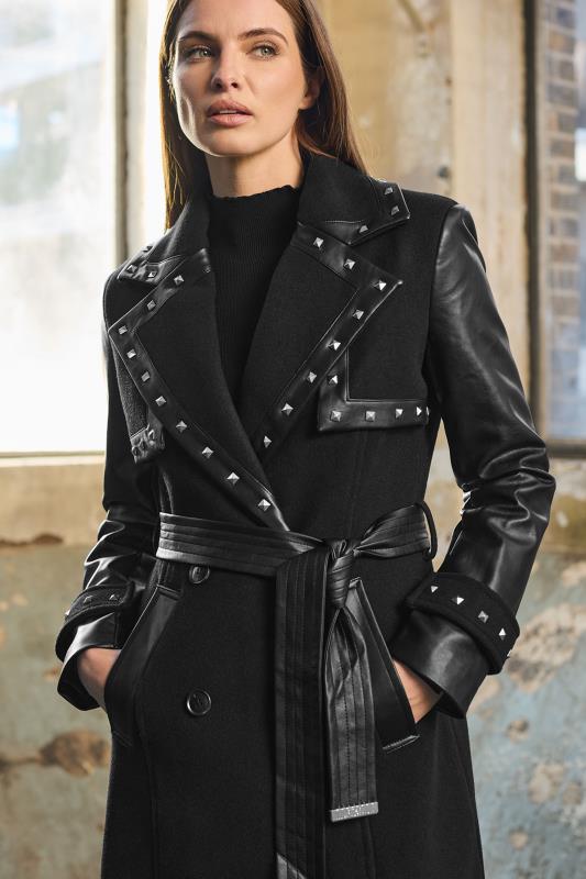 evans STAR Black Faux Leather Studded Trench Coat