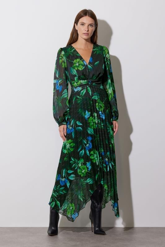 Evans STAR Black & Green Leaf Print Pleated Dress