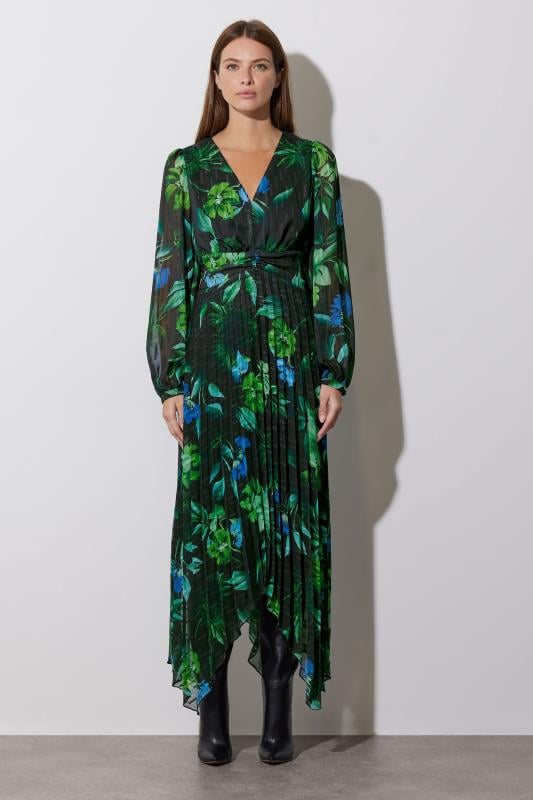 Evans STAR Black & Green Leaf Print Pleated Dress