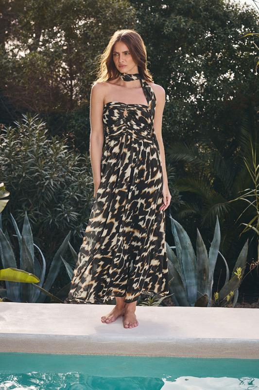 evans STAR Black Leopard Print Halter Neck Dress