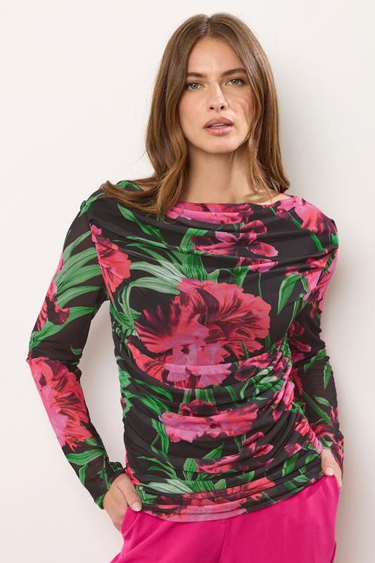 Evans STAR Black Mesh Floral Cowl Neck Top