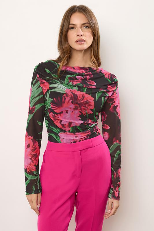evans STAR Black Mesh Floral Cowl Neck Top