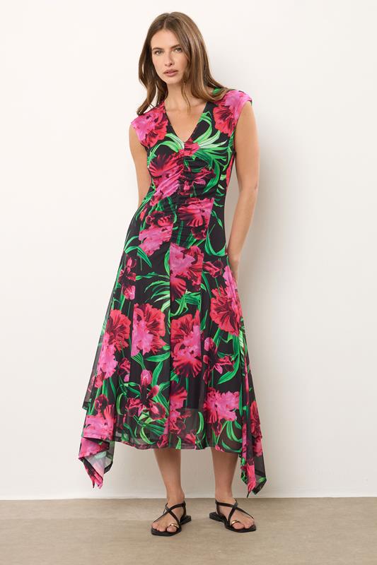 Evans STAR Black Mesh Floral Hanky Hem Midi Dress