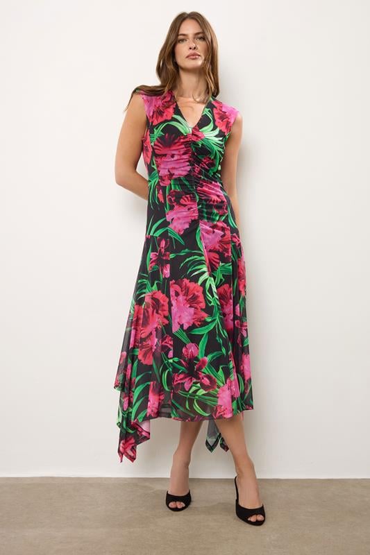 evans STAR Black Mesh Floral Hanky Hem Midi Dress