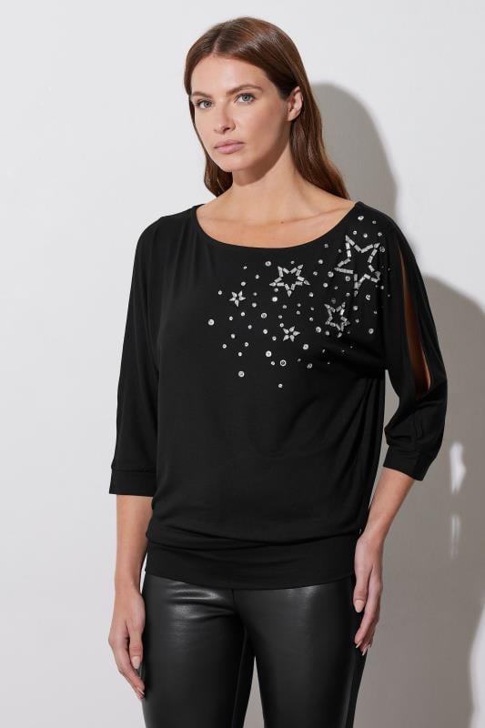 Evans STAR Black Star Diamante Embellished Top