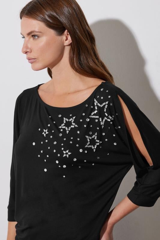 evans STAR Black Star Diamante Embellished Top