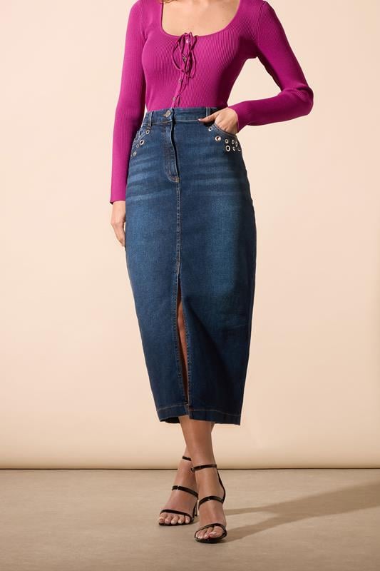 Evans STAR Blue Eyelet Midi Denim Skirt