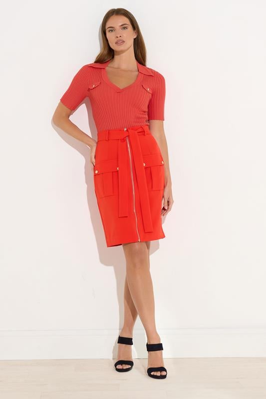 Evans STAR Coral Orange Knitted Pocket Collar Top