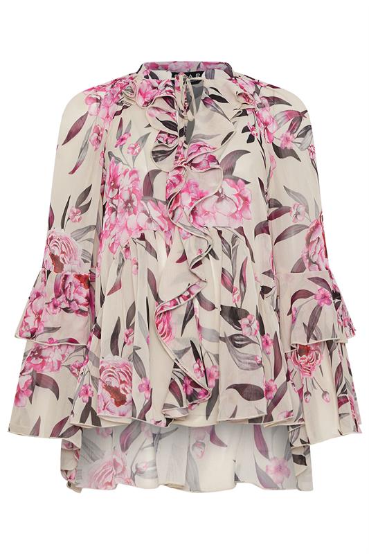 Evans STAR Pink Floral Fluted Sleeve Ruffle Blouse