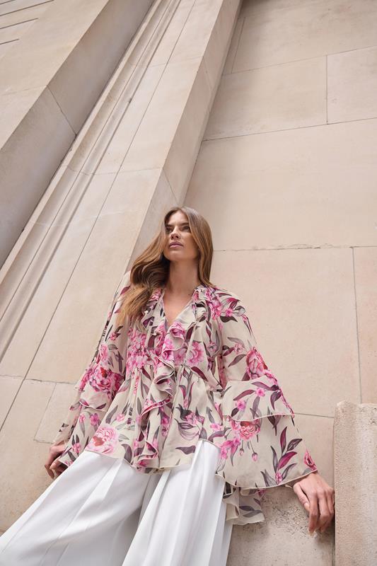 evans STAR Pink Floral Fluted Sleeve Ruffle Blouse