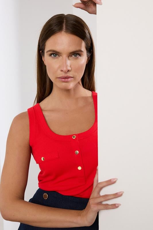 Evans STAR Red Ribbed Button Vest Top