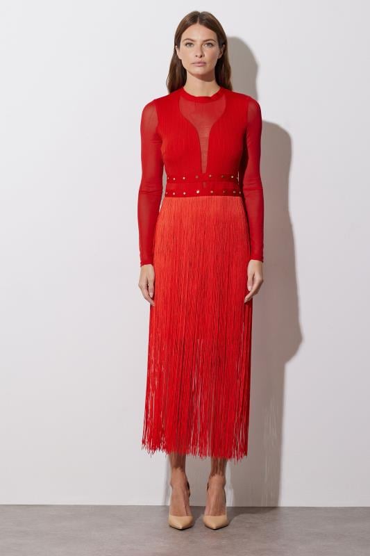 Evans STAR Red Sleeved Tassel Midi Dress