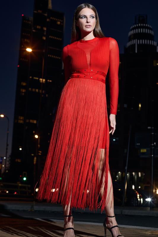 evans STAR Red Sleeved Tassel Midi Dress