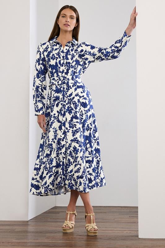 evans STAR White & Blue Floral Print Shirt Dress