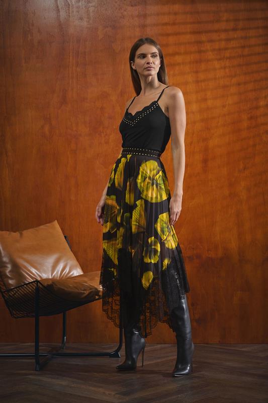 evans STAR Yellow Floral Pleated Mesh Skirt