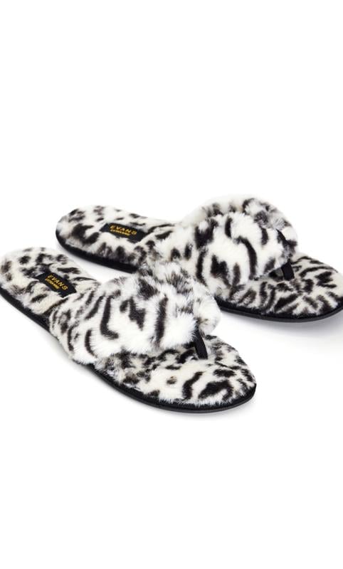 evans Evans White Leopard Print Faux Fur Flip Flop Slipper