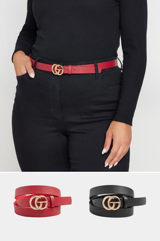evans Yours 2 PACK Black & Red Gold Buckle Belts