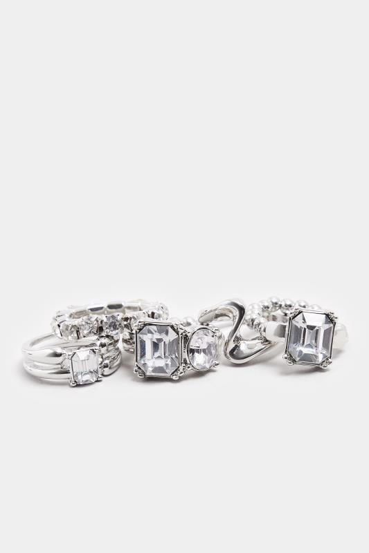 Evans Yours 5 PACK Silver Tone Diamante Ring Set