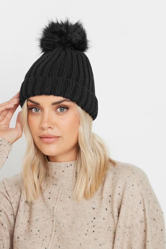 Evans Yours Black Faux Fur Pom Pom Bobble Hat