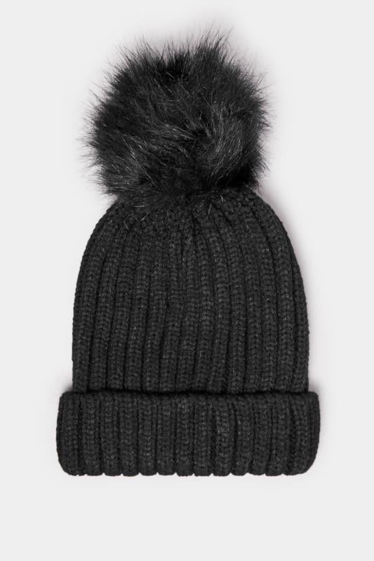 Evans Yours Black Faux Fur Pom Pom Bobble Hat